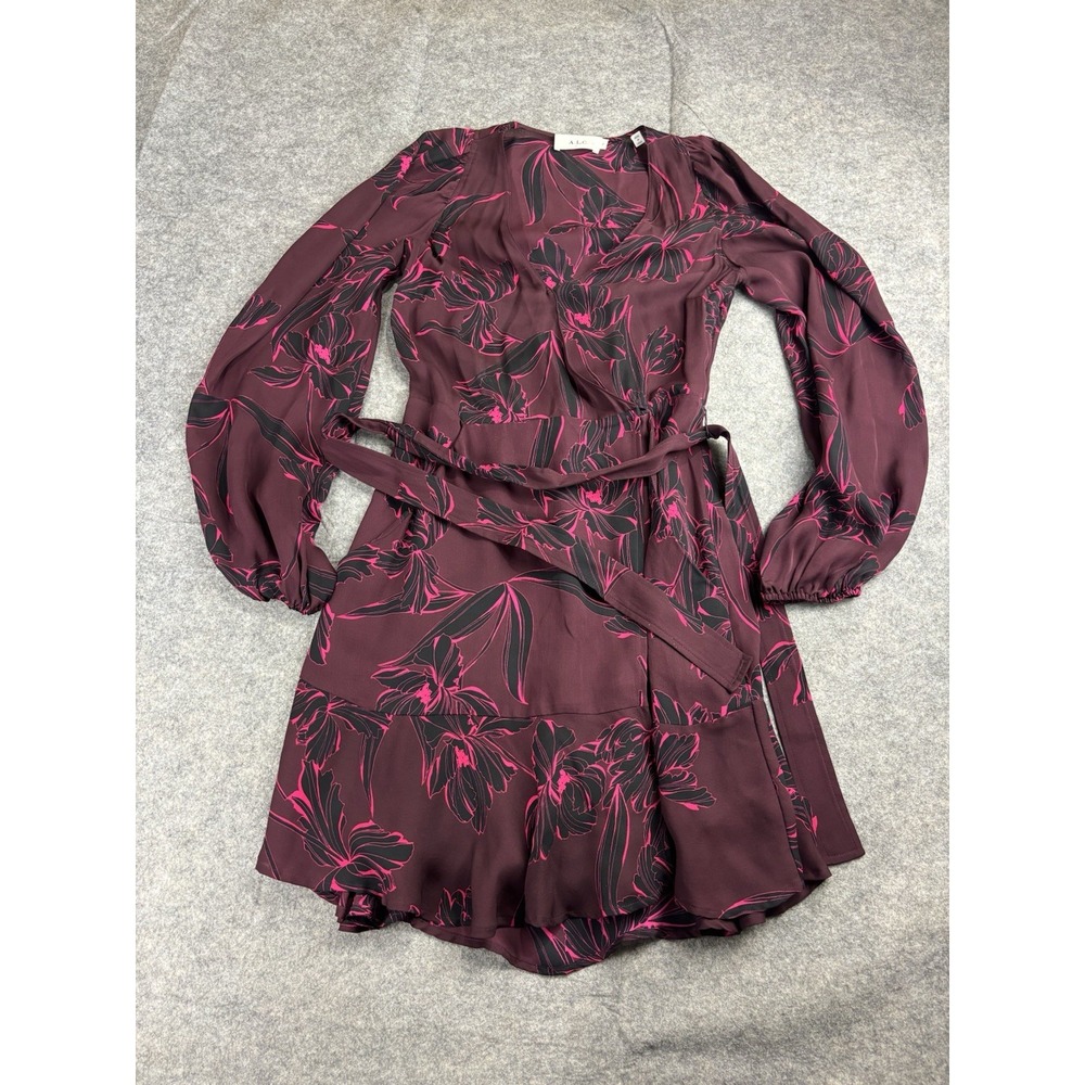 A.L.C. Dress Women's 2 Embry Bordeaux Floral 100% Silk Chiffon Long Sleeve Wrap